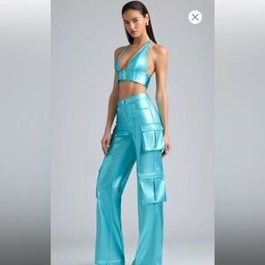 BRATZ X OH POLLY METALLIC DENIM CARGO PANTS & METALLIC DENIM BELTED CROP TOP SET